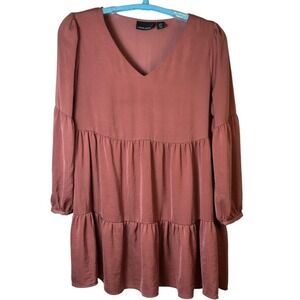 Cynthia Rowley Dress Long Sleeve Tiered V Neck Casual Boho Flowy Pink‎ XL